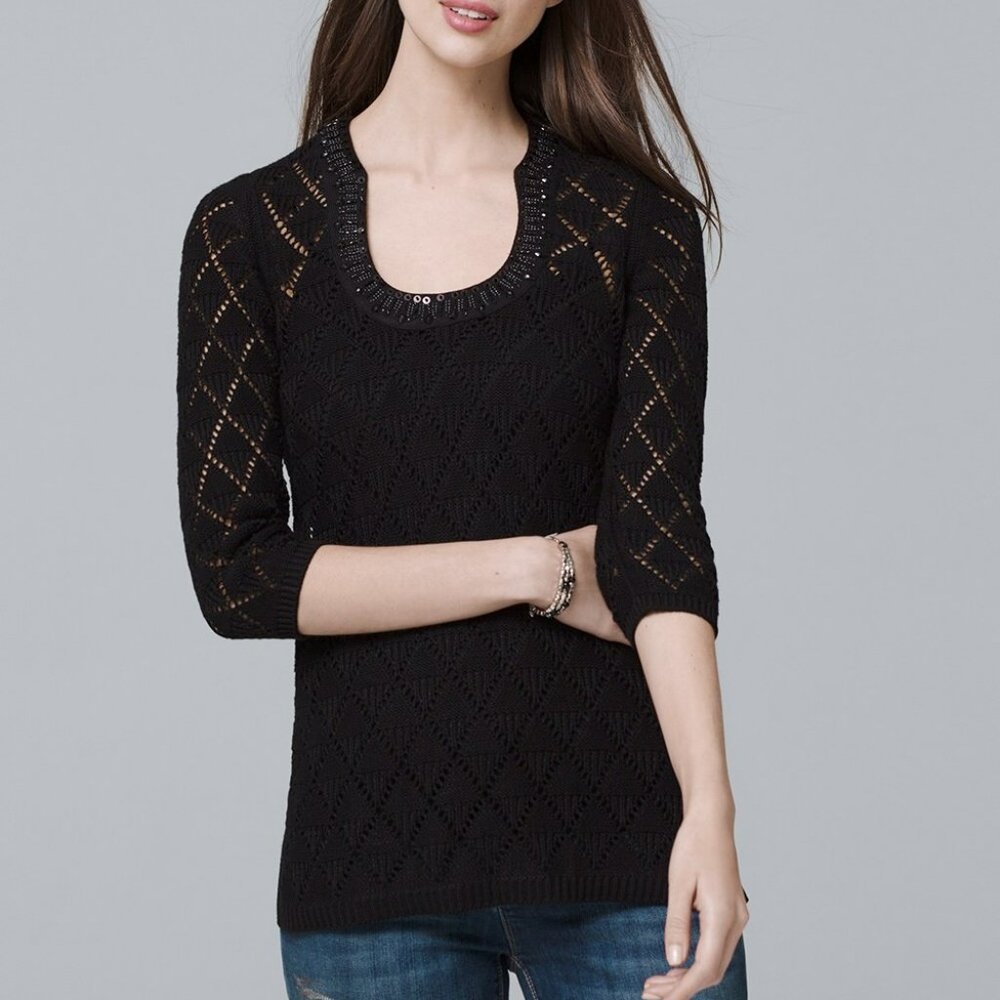 WHBM Three Quarter-Sleeve Embellished-Detail Sweater NWOT